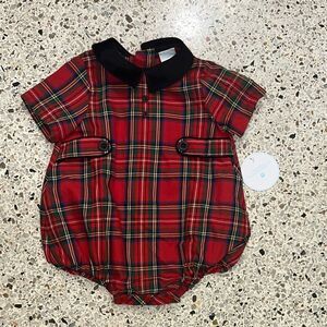 NWT Edgehill Collection red tartan holiday plaid romper black velvet trim 6 mo